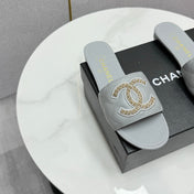 CC SLIDE SANDALS 25S IN DUSTY BLUE GREY CALFSKIN WITH LOGO