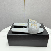 CC SLIDE SANDALS 25S IN DUSTY BLUE GREY CALFSKIN WITH LOGO