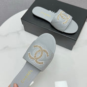 CC SLIDE SANDALS 25S IN DUSTY BLUE GREY CALFSKIN WITH LOGO