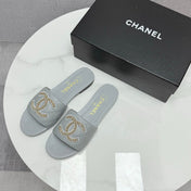 CC SLIDE SANDALS 25S IN DUSTY BLUE GREY CALFSKIN WITH LOGO