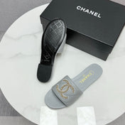 CC SLIDE SANDALS 25S IN DUSTY BLUE GREY CALFSKIN WITH LOGO