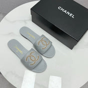 CC SLIDE SANDALS 25S IN DUSTY BLUE GREY CALFSKIN WITH LOGO