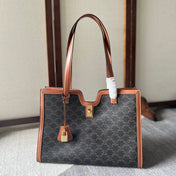 CABAS 37 IN BLACK TRIOMPHE CANVAS AND BRONZE BROWN CALFSKIN TRIM GOLD LOCK