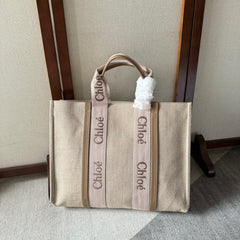 LAGRE WOODY TOTE BAG 45 IN BEIGE LINEN CANVAS LIGHT PINK WEBBING LOGO EMBROIDERY
