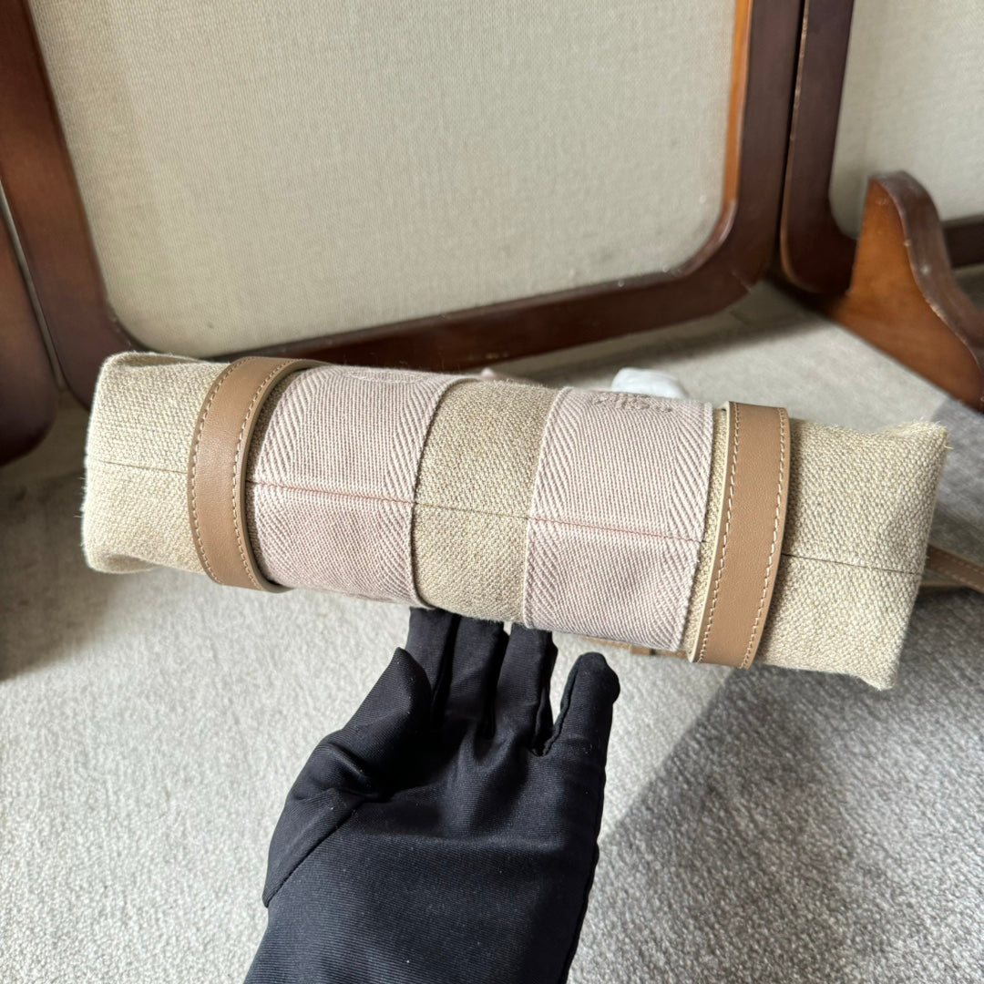 SMALL WOODY TOTE BAG 26.5 IN BEIGE LINEN CANVAS LIGHT PINK WEBBING LOGO EMBROIDERY