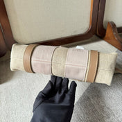 SMALL WOODY TOTE BAG 26.5 IN BEIGE LINEN CANVAS LIGHT PINK WEBBING LOGO EMBROIDERY