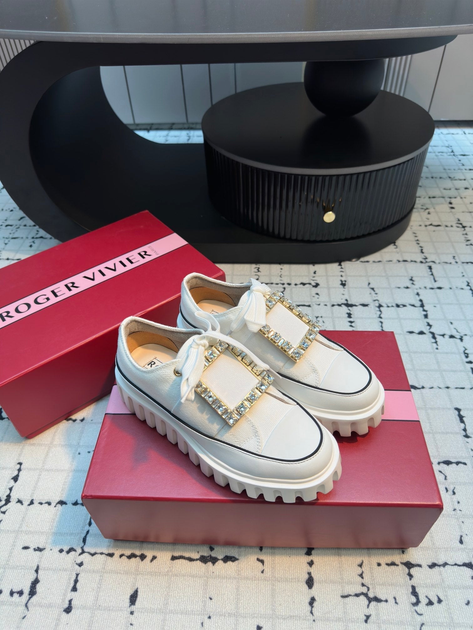 VIV' GO-THICK STRASS BUCKLE SLIP-ON SNEAKERS IN WHITE CANVAS