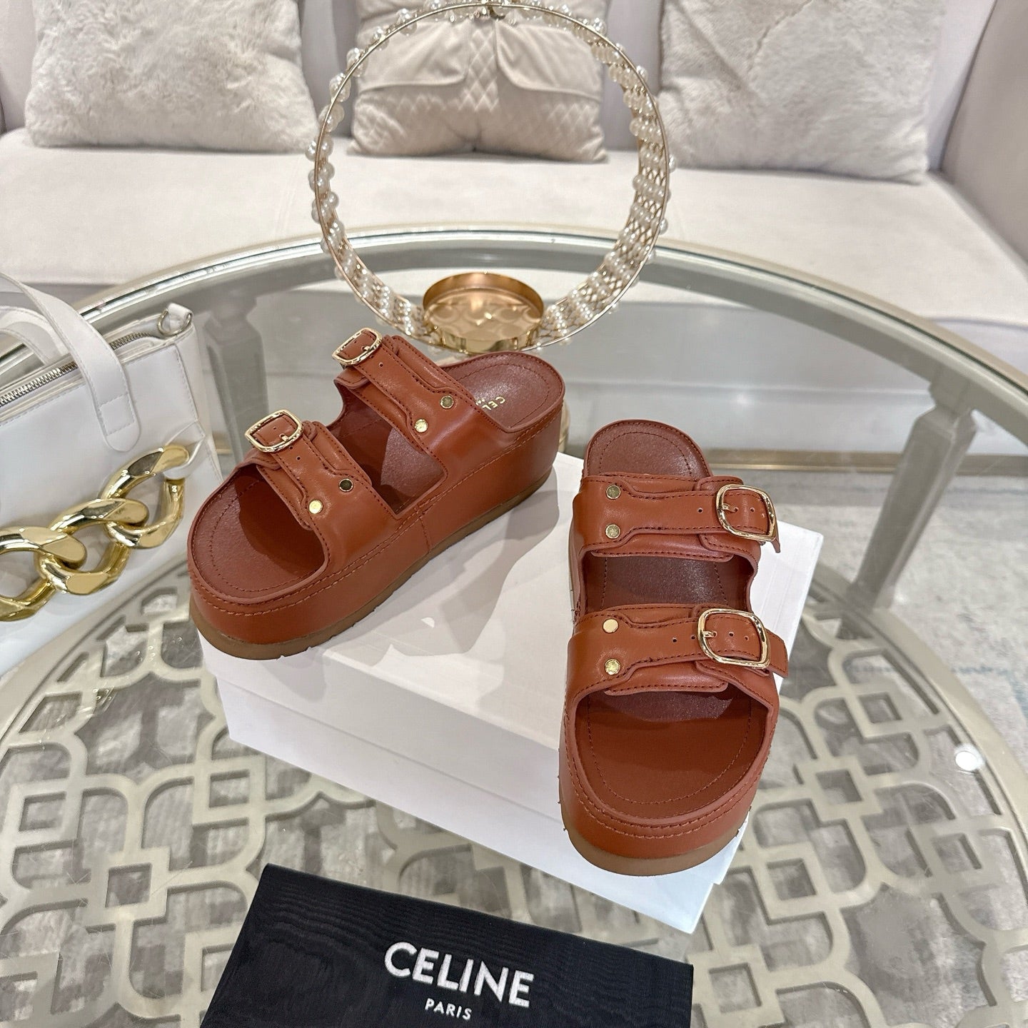 POLLY WEDGE MULE IN TAN BROWN SHINY CALFSKIN