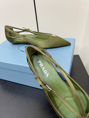 CUT-OUT BALLERINA FLAT IN OLIVE GREEN SATIN ATTACHED BEAD BUCKLE