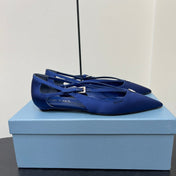 CUT-OUT BALLERINA FLAT IN NAVY BLUE SATIN ATTACHED BEAD BUCKLE