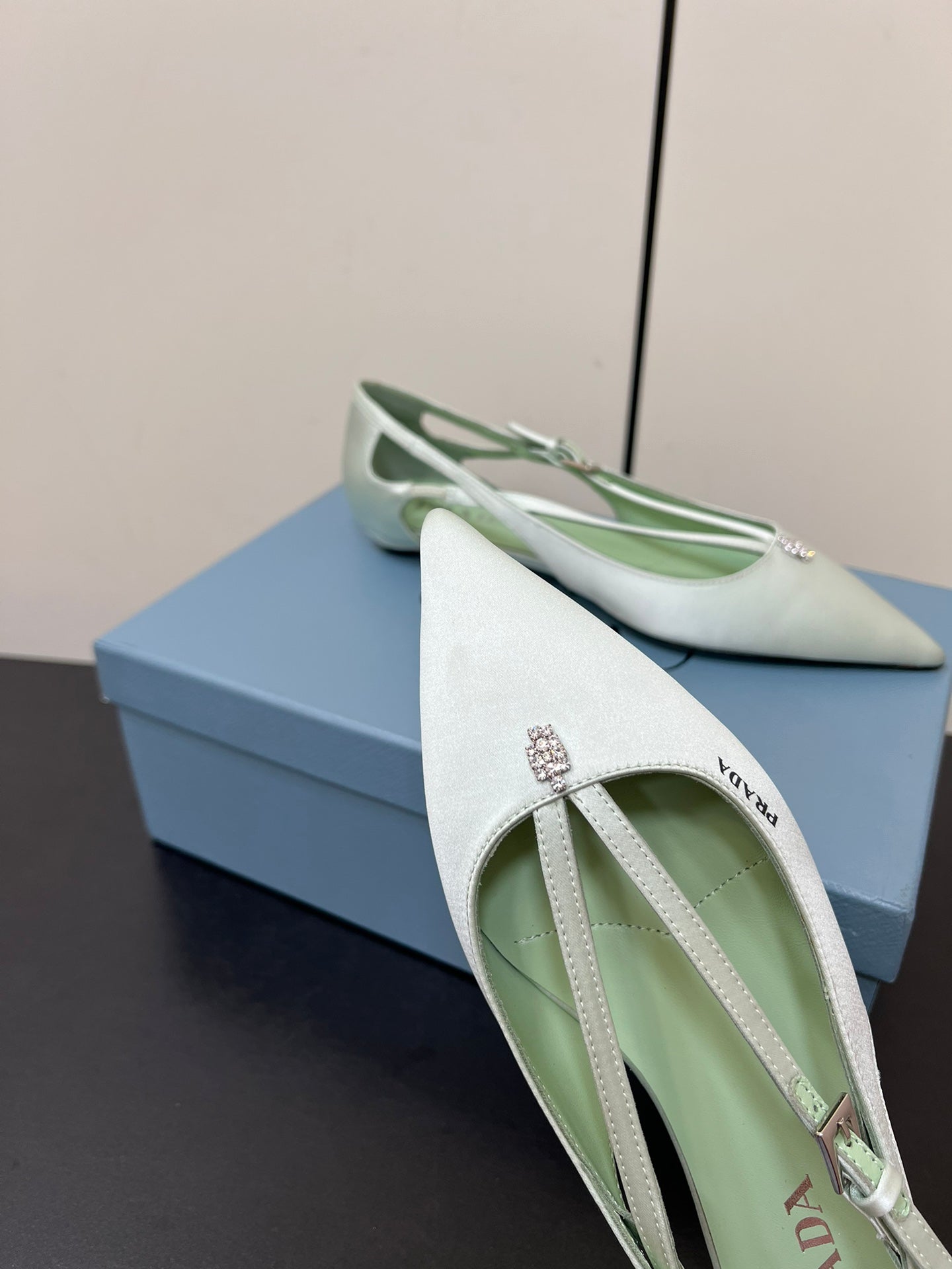 CUT-OUT BALLERINA FLAT IN CHETWODE GREEN SATIN ATTACHED BEAD BUCKLE