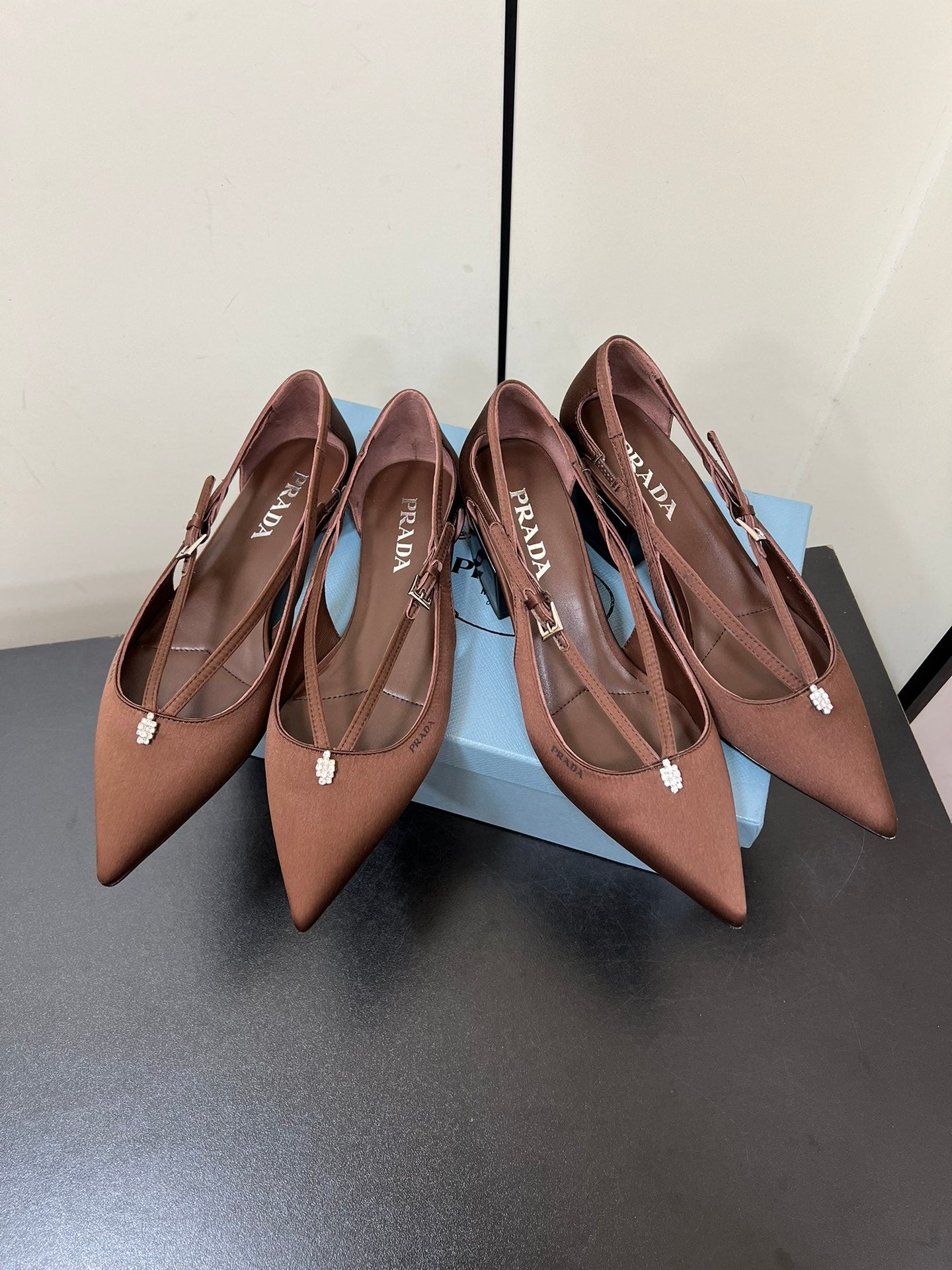 CUT-OUT BALLERINA FLAT IN CHOCOLATE BROWN SATIN ATTACHED BEAD BUCKLE