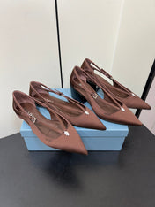 CUT-OUT PUMPS WITH BEAD BUCKLE IN CHOCOLATE BROWN SATIN
