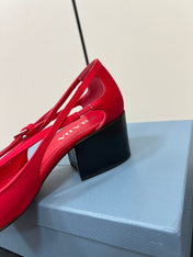 CUT-OUT PUMPS WITH BEAD BUCKLE IN CLASSIC RED SATIN