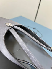 CUT-OUT PUMPS WITH BEAD BUCKLE IN WARM GRAY SATIN