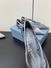 CUT-OUT BALLERINA FLAT IN WARM GRAY SATIN ATTACHED BEAD BUCKLE