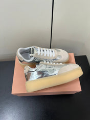 THICK-SOLED RETRO SNEAKERS IN SILVER METALLIC LAMBSKIN AND BEIGE SUEDE
