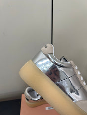 THICK-SOLED RETRO SNEAKERS IN SILVER METALLIC LAMBSKIN AND BEIGE SUEDE