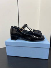 BOW MARY JANE PUMPS WITH T-STRAP IN BLACK GLOSSY CALFSKIN