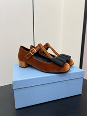 BOW MARY JANE PUMPS WITH T-STRAP IN BRONZE BROWN VELVET