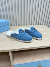 TRIANGLE LOGO FLATS IN AZURE BLUE SUEDE AND FUR LINING