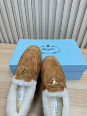 LOAFER IN CAMEL SUEDE AND FUR LINING ATTACHED TRIANGLE LOGO