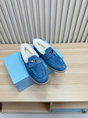 LOAFER IN AZURE BLUE SUEDE AND FUR LINING ATTACHED TRIANGLE LOGO