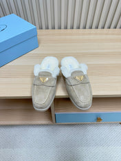 TRIANGLE LOGO FLATS IN KHAKI BEIGE SUEDE AND FUR LINING