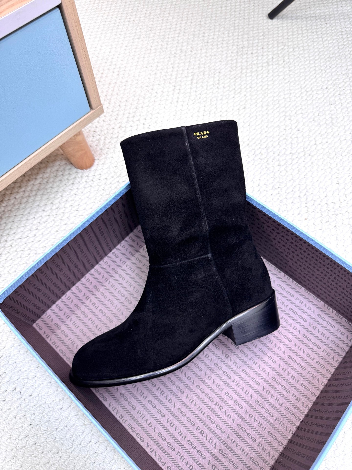 PRADA 25S LOW-CUT BOOTS IN BLACK SUEDE