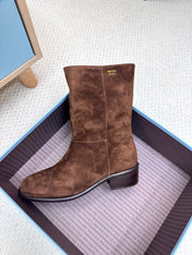 PRADA 25S LOW-CUT BOOTS IN DARK BROWN SUEDE