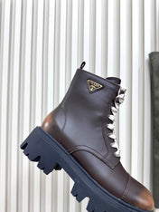 PRADA 25S MONOLITH BOOTS IN DARK BROWN CALFSKIN