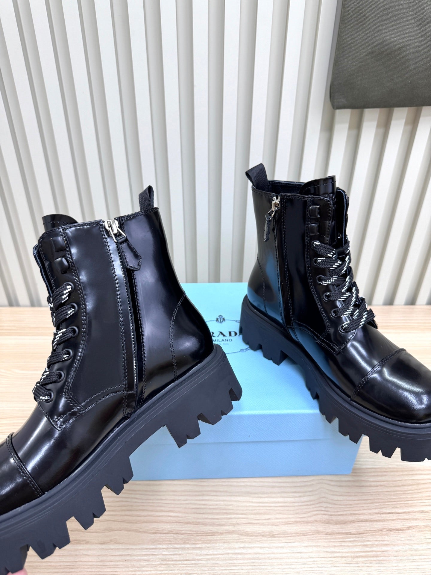 PRADA 25S MONOLITH BOOTS IN BLACK GLOSSY CALFSKIN