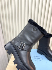 PRADA 25S MARTIN BOOTS IN BLACK CALFSKIN FUR-LINED