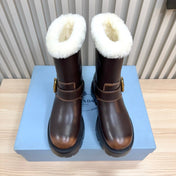 PRADA 25S MARTIN BOOTS IN DARK BROWN CALFSKIN FUR-LINED