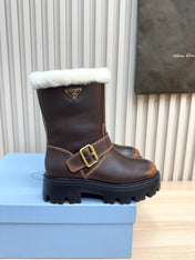 PRADA 25S MARTIN BOOTS IN DARK BROWN CALFSKIN FUR-LINED