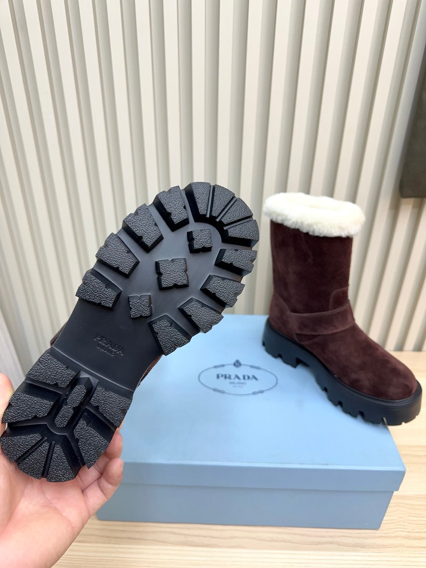 PRADA 25S MARTIN BOOTS IN DARK BURGUNDY BROWN SUEDE FUR-LINED