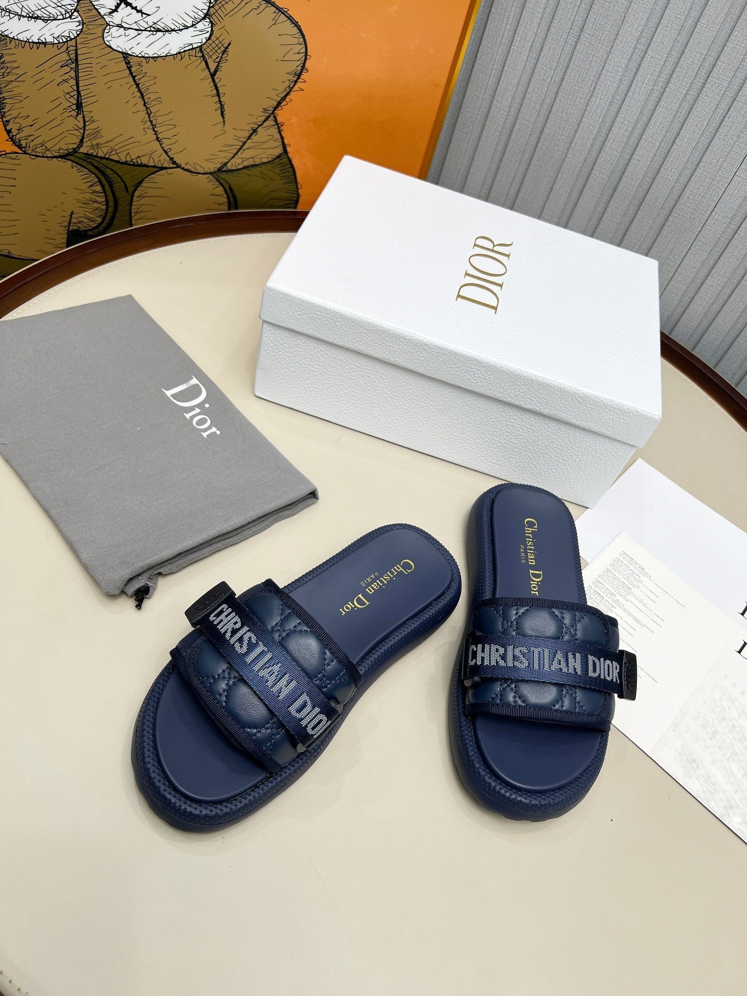PLATFORM SLIDES 25S 50MM IN NAVY BLUE CALFSKIN AND ELECTRIC FABRIC