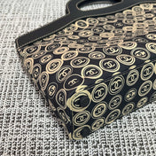 CHANEL 25S SHOPPING BAG 46 CM IN BLACK MIX BEIGE CANVAS PRINTED LOGO