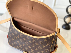 SAUMUR BB 28 IN BROWN MONOGRAM CANVAS AND LEATHER TRIM GOLD HARDWARE
