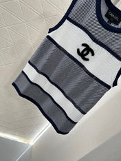 Chanel 25 Tank Top Black White Patchwork Knitted Crewneck