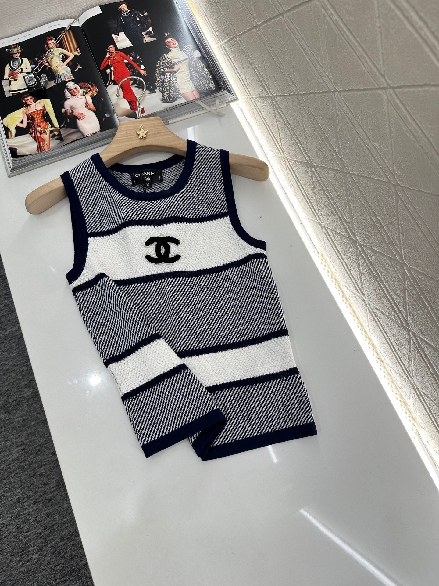 Chanel 25 Tank Top Black White Patchwork Knitted Crewneck