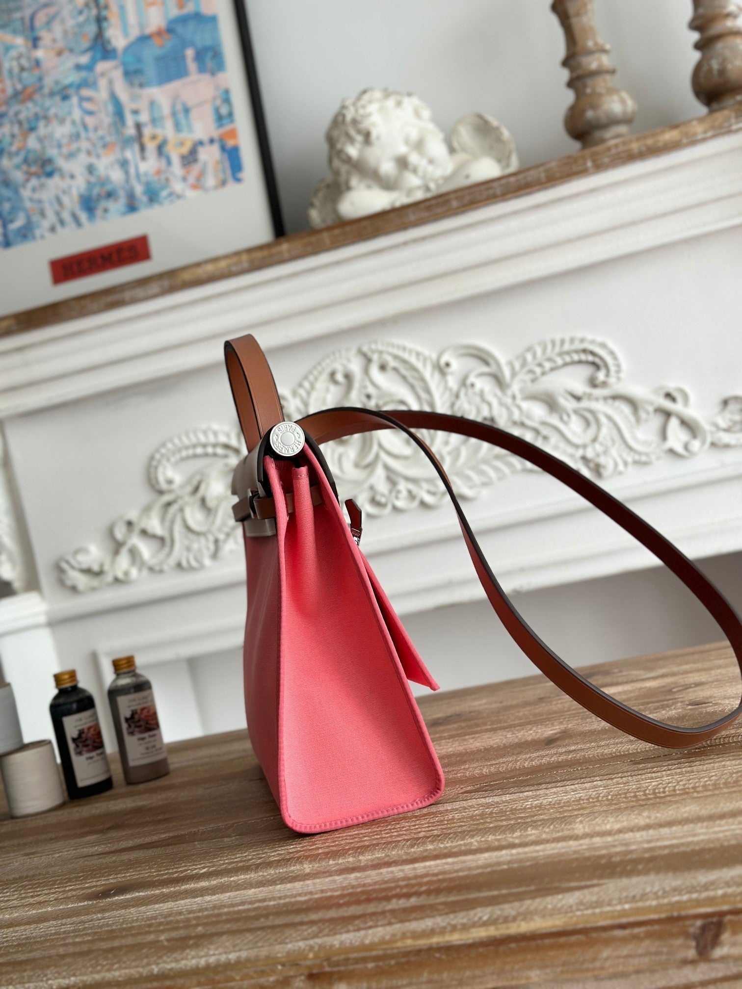 ZIP CABINE 31 BAG IN PUNCH PINK CANVAS AND BRONZE BROWN CALFSKIN