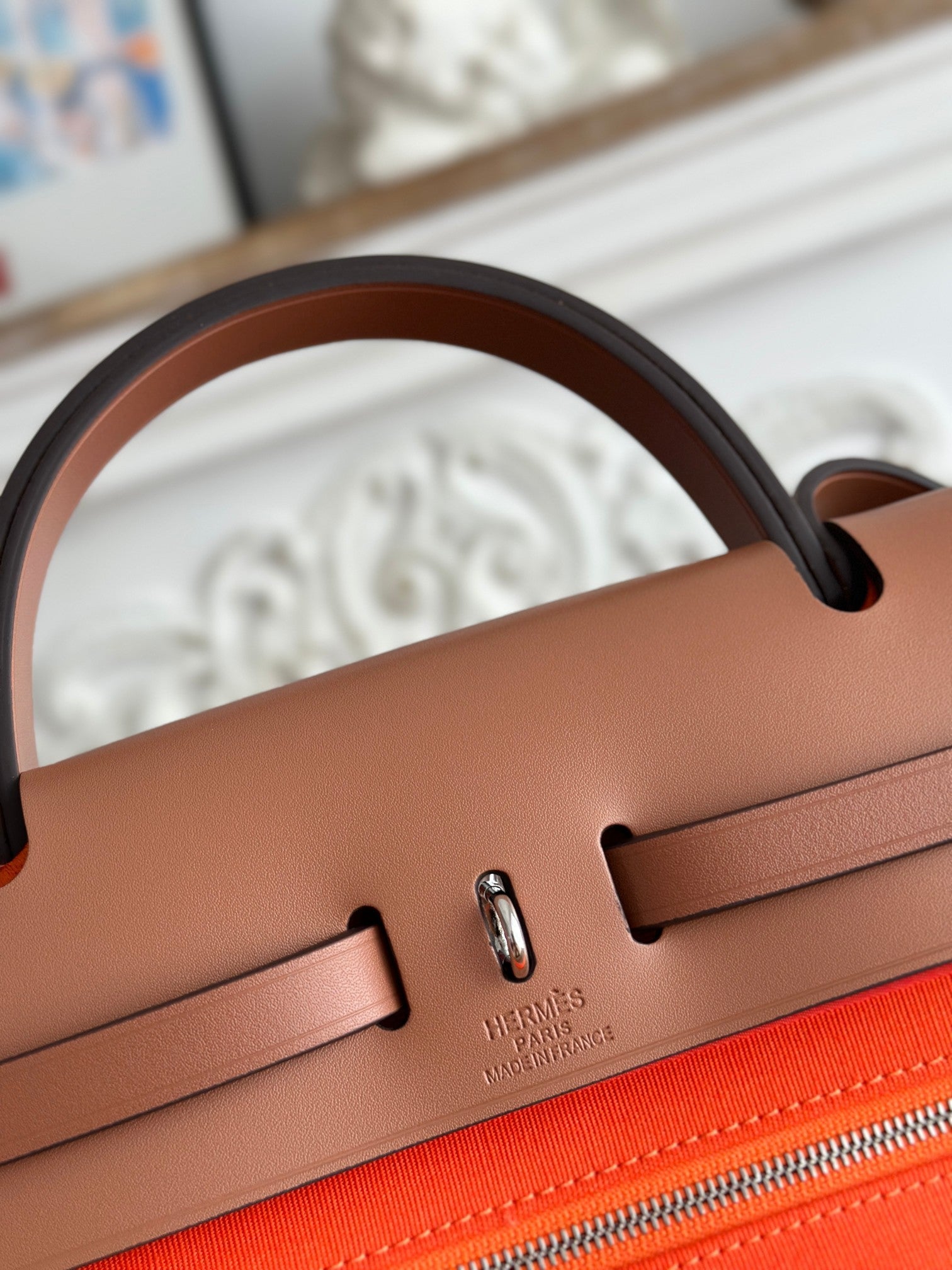 ZIP CABINE 31 BAG IN FIRE ORANGE CANVAS AND BRONZE BROWN CALFSKIN