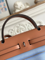 ZIP CABINE 31 BAG IN LIGHT BLUE CANVAS AND BRONZE BROWN CALFSKIN