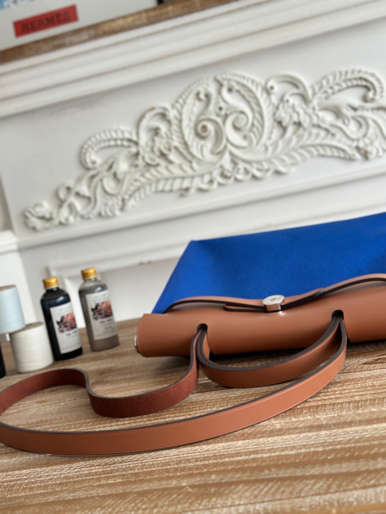 ZIP CABINE 31 BAG IN COBALT BLUE CANVAS AND BRONZE BROWN CALFSKIN