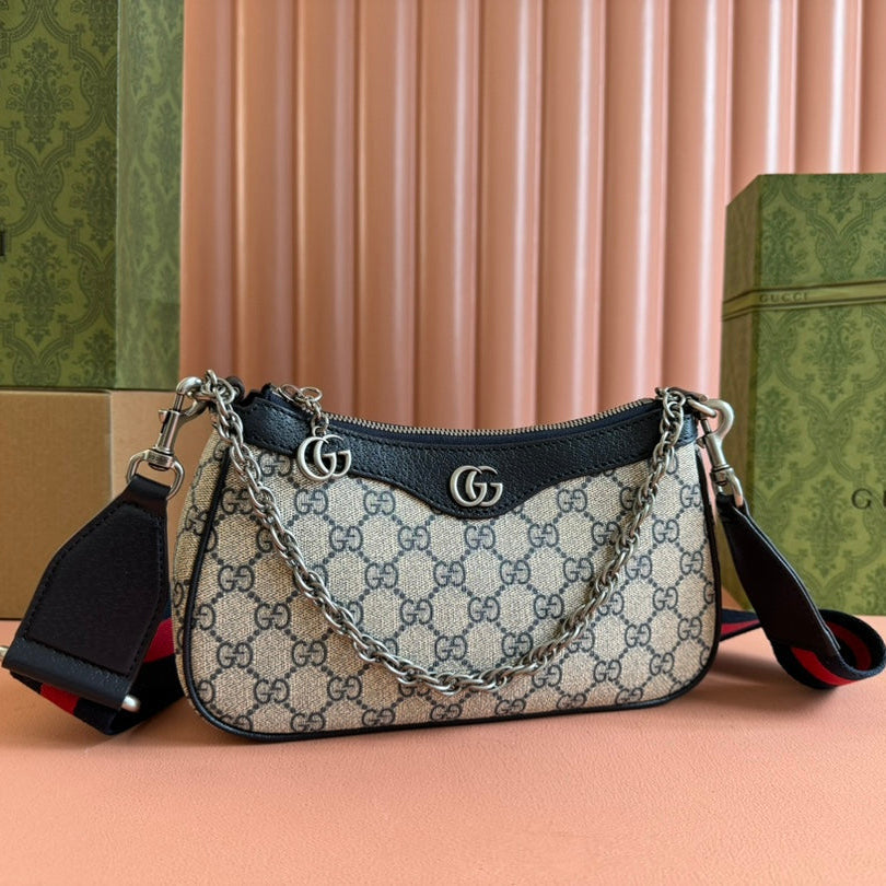 OPHIDIA SHOULDER BAG 25 IN GREY EBONY CANVAS AND BLACK LAMBSKIN SILVER HARDWARE