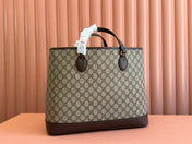 OPHIDIA MEDIUM TOTE BAG 38.5 BEIGE CANVAS AND BROWN CALFSKIN