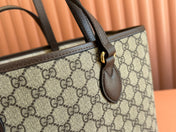 OPHIDIA MEDIUM TOTE BAG 38.5 BEIGE CANVAS AND BROWN CALFSKIN