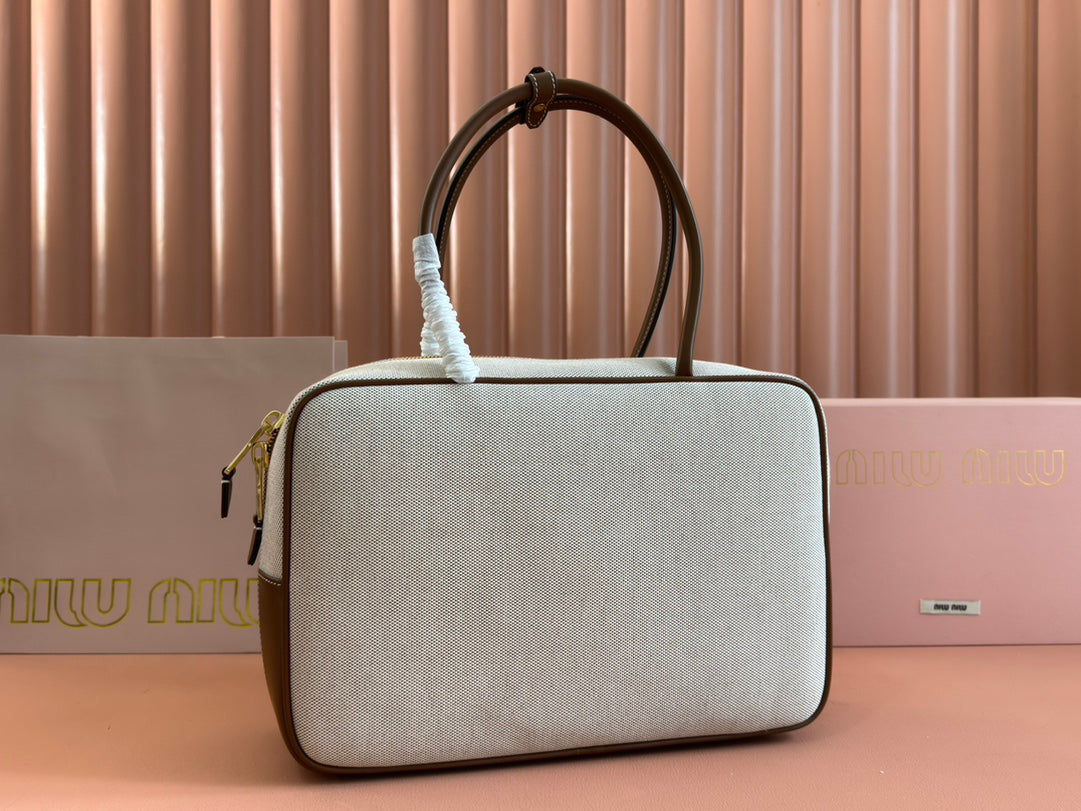 BEAU TOP HANDLE BAG 34 IN WHITE CANVAS AND WALNUT BROWN CALFSKIN TRIM