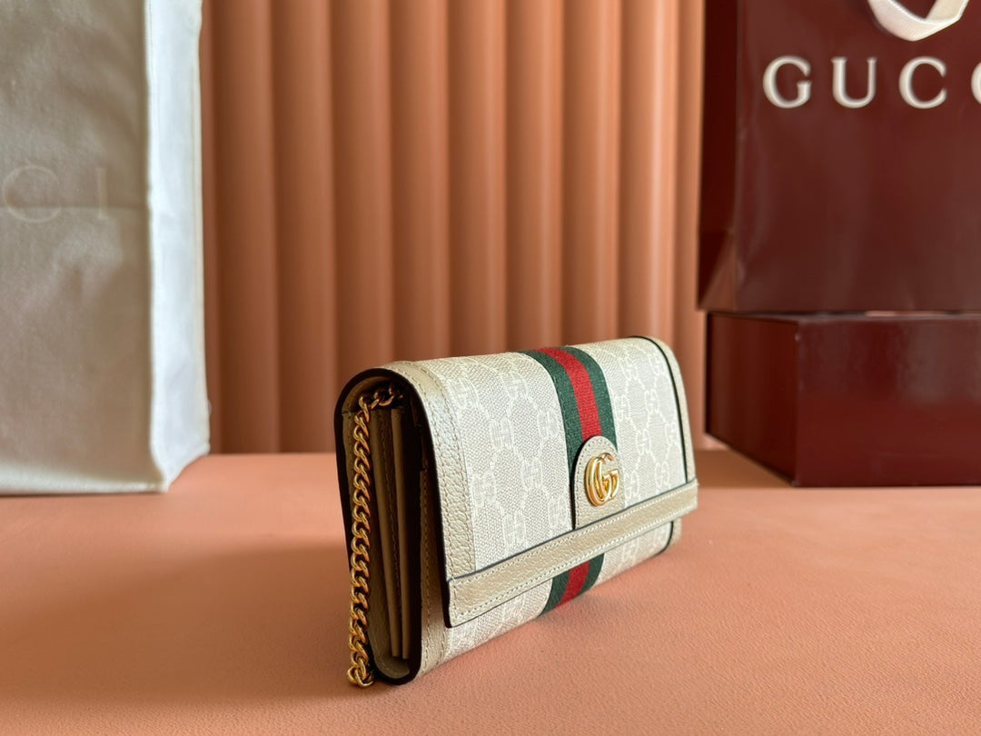 OPHIDIA WALLET ON GOLD CHAIN 19 IN LIGHT BEIGE GG CANVAS AND LIGHT BROWN CALFSKIN